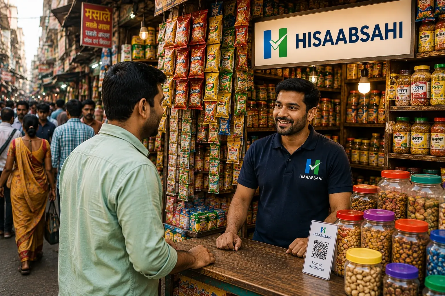 A shopkeeper in a HisaabSahi shirt talking with a customer across a busy market stall under a HisaabSahi sign