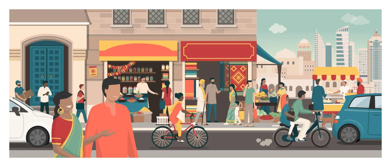 Illustration of a lively Indian market street with small shops, cyclists and shoppers