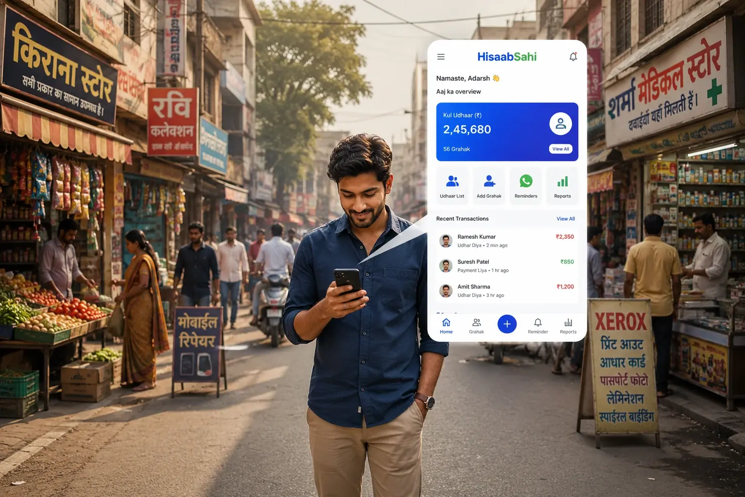 A man on a busy market street checking his phone, which shows the HisaabSahi app, with kirana and medical shops behind him
